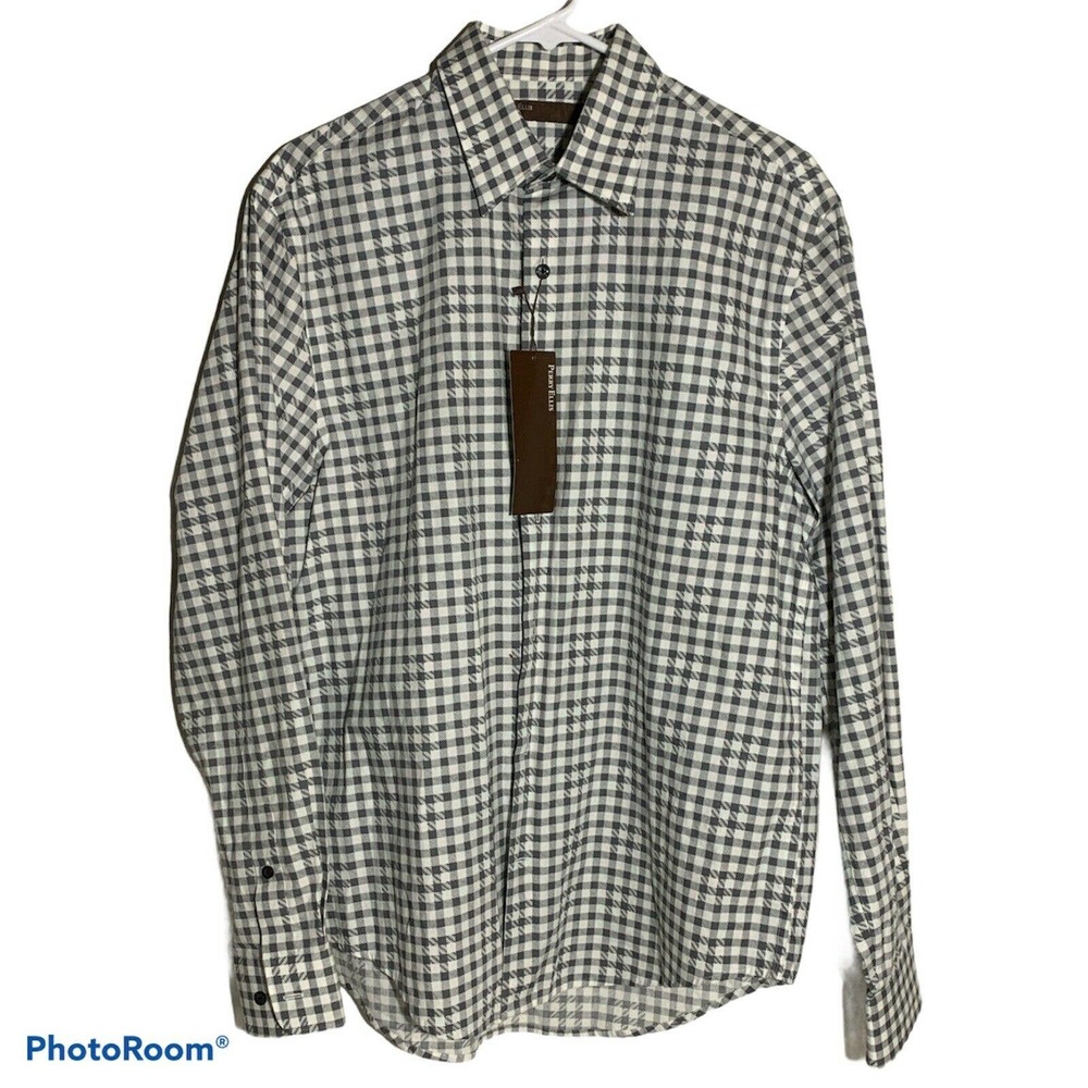 Perry Ellis Mens Medium Gray Check Plaid Linen Button Up Shirt New With Tags